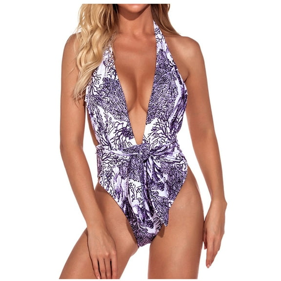 Lindreshi One Piece Swimsuits for Women Women's Fashion One-Piece Bikini Deep V Print Swimsuit