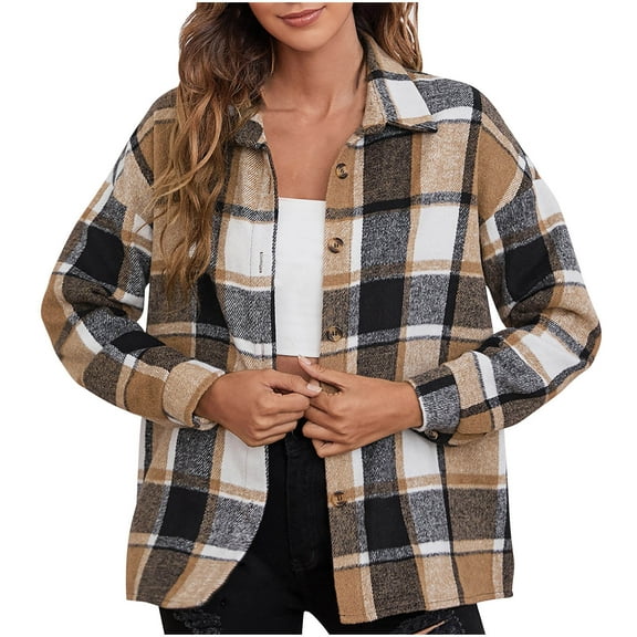 Lindreshi Plaid Shacket Jacket Women Women Autunm and Winter Plaid Printed Long Sleeve Turn-down Collar Suit Cardigan Woolen Coat Tops