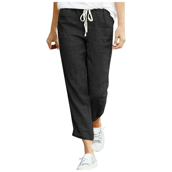 Lindreshi Plus Size Capris Women's Casual Drawstring Elastic Waist Cotton Linen Nine-quarter Pants