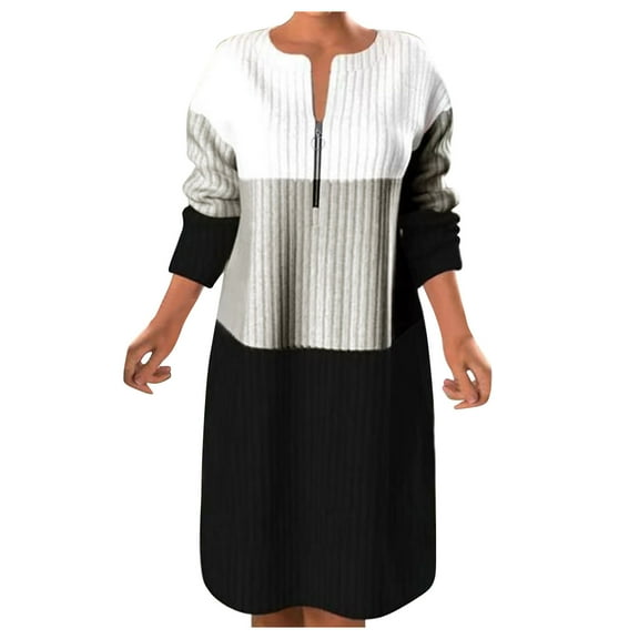 Lindreshi Plus Size Dresses for Women on Winter New Sweater Women's Zipper Contrast Panel Long Sleeve Zipper Long Dress