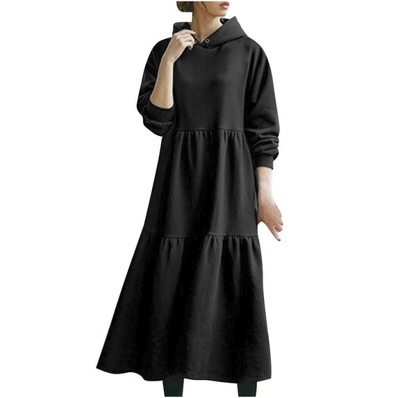 Spring Savings Clearance Lindreshi Plus Size Dresses for Women on Clearance Women Hooded Neck Solid Color Long Sleeve Loose Dress Long Dress with Pockets
