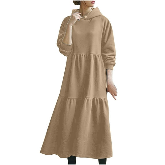 Lindreshi Plus Size Dresses for Women on Women Hooded Neck Solid Color Long Sleeve Loose Dress Long Dress with Pockets