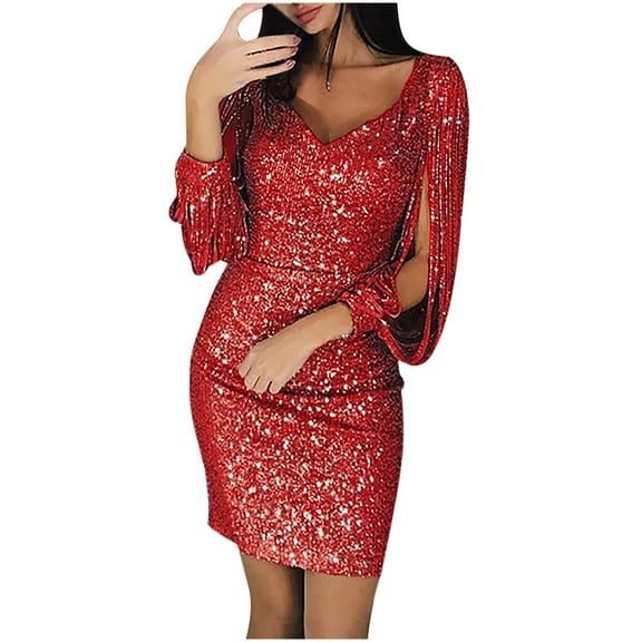 Lindreshi Plus Size Dresses for Women on Women Solid Sequined Shining Club Sheath Long Sleeved Mini Dress