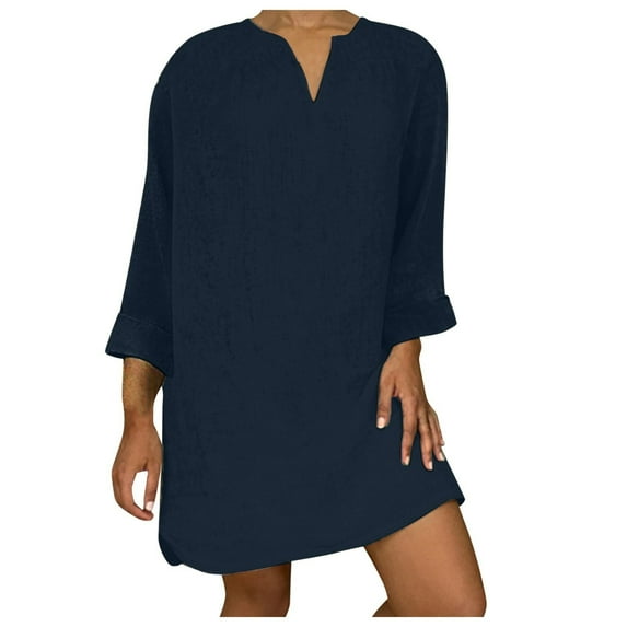 Lindreshi Plus Size Dresses for Women on Women's V-Neck Loose Large Cotton Linen Long Sleeve V-Neck Mid Calf Dress