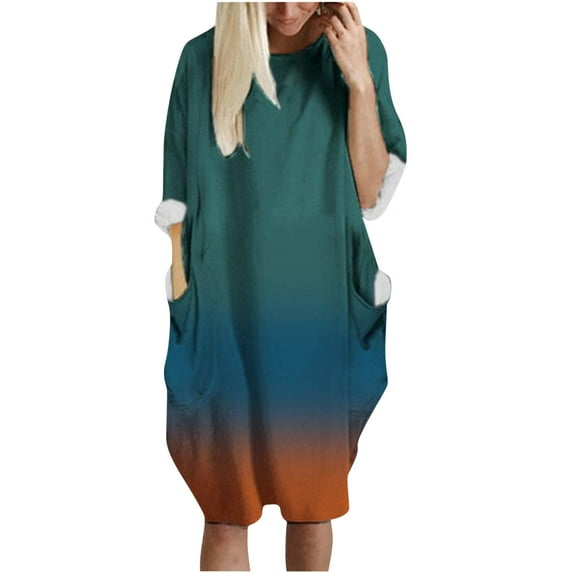 Lindreshi Plus Size Dresses for Women on Womens Printing Pocket Long Sleeve Loose Dress Round Neck Casual Dress
