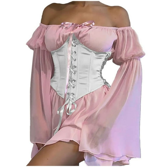 Lindreshi Renaissance Dress Women Long Sleeve Fall Fashion Women's Fashion One-Shoulder Trumpet Sleeves Ruffled Sweet Retro Vintage Style Chiffon Dress