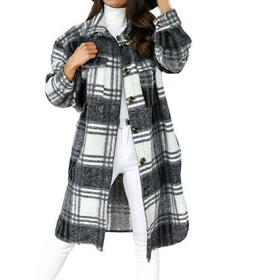 Spring Savings Clearance Lindreshi Shackets for Women 2023 Fall Womens Plaid Long Wool Coat Shacket Jackets Long Sleeve Casual Boyfriend Flannel Shirts