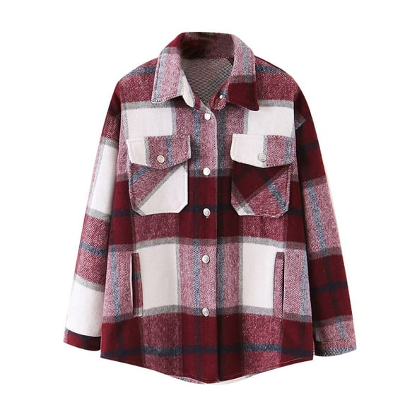 Spring Savings Clearance Lindreshi Shackets for Women 2023 with Pockets Women's Fashion Casual Brushed Top Lapel Pocket Single Breasted Check Wool Jacket