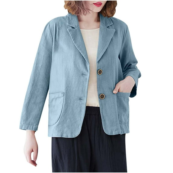 Lindreshi Shackets for Women Fall Women's Fashion Color Casua Long Sleeve Suit Jacket Button Cotton and Linen Tops Pockets Blouse