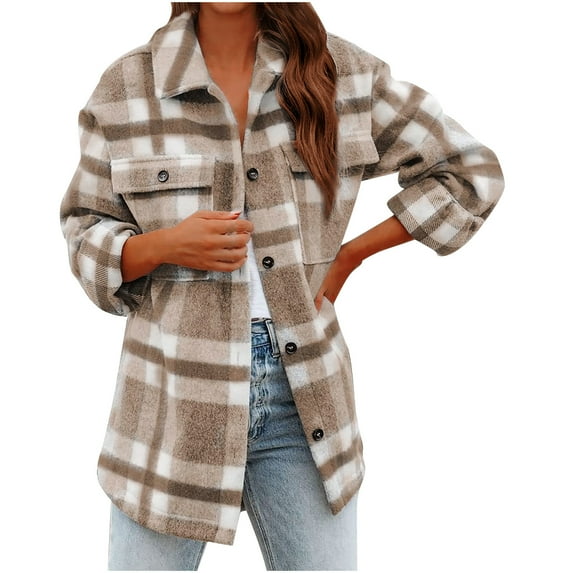 Lindreshi Shackets for Women Fall and WinterWomen Autunm and Winter Plaid Printed Long Sleeve Turn-down Collar Suit Cardigan Woolen Coat Tops
