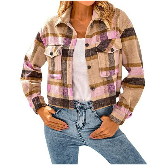 Spring Savings Clearance Lindreshi Shackets for Women Fall and WinterWomen's Lapel Pocket Fashionable Casual Short Plaid Jacket