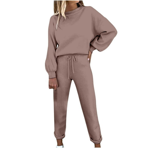 Lindreshi Sweatsuits 2pcs Sets Womens Women's Solid Color Pullover Long Sleeve Top + Casual Pants 2 Piece Set