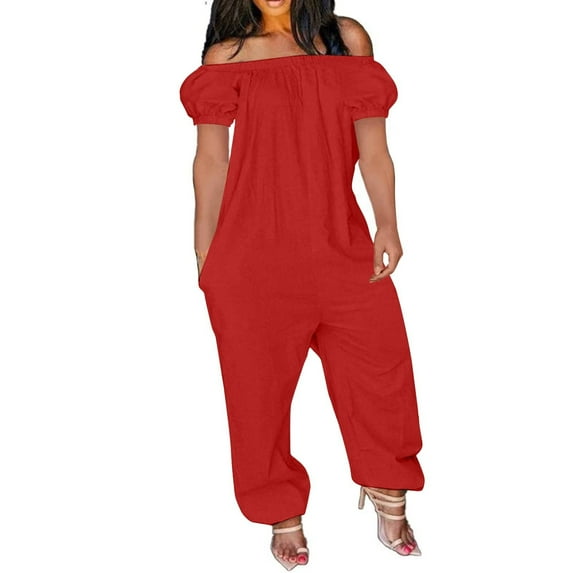 Spring Savings Clearance Lindreshi Wide Leg Jumpsuit with Pockets Women's Solid Color Off Shoulder Short Sleeved Loose Fitting Jumpsuit
