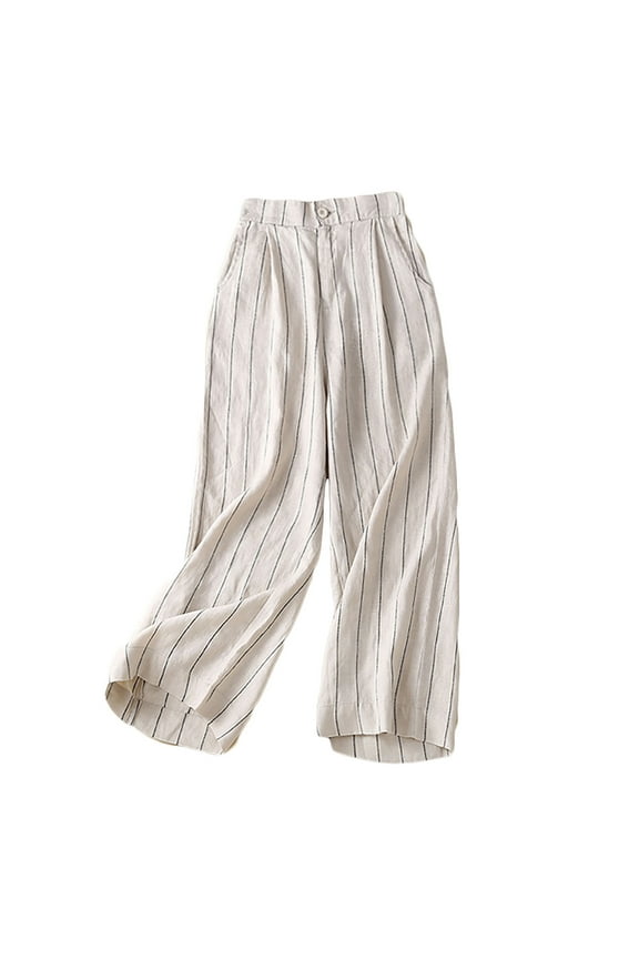 Wide Leg Pants for Women Women's Cotton Linen High Waist Wide Leg Pants Vertical Stripe Loose Straight Cropped Pants