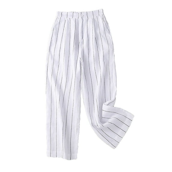 Lindreshi Wide Leg Pants for Women Women's Cotton Linen High Waist Wide Leg Pants Vertical Stripe Loose Straight Cropped Pants