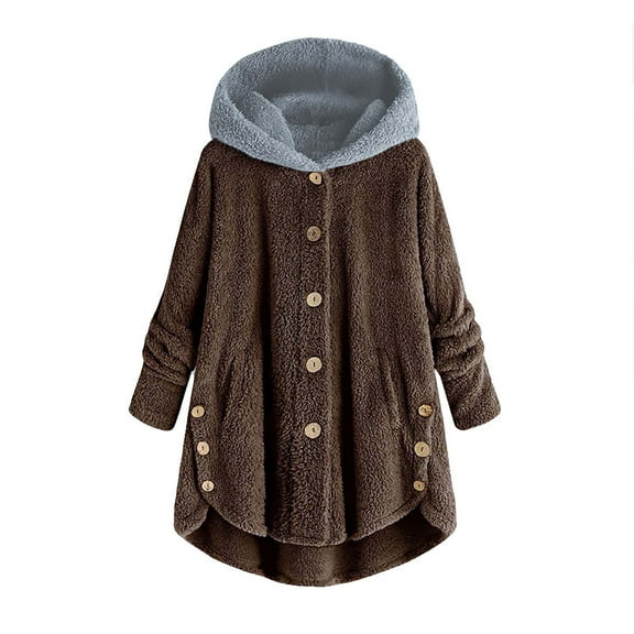 Lindreshi Winter Coats for Women 2023 Trendy Women Plus Size Button Plush Tops Hooded Loose Cardigan Wool Coat Winter Jacket