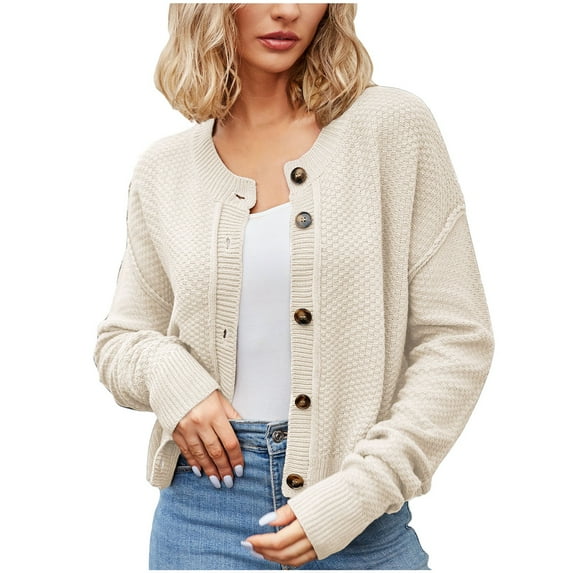 Lindreshi Winter Sweaters for Women Women's Fashion Solid Color Long Sleeve Cardigan Knit Loose Button Coat
