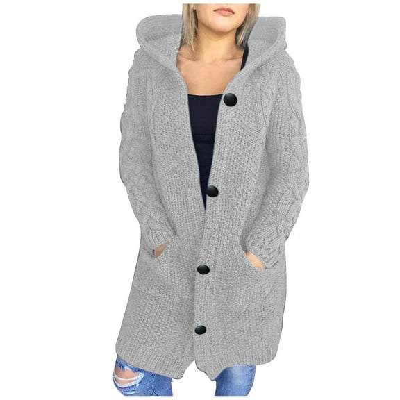 Lindreshi Winter Sweaters for Women Womens Long Sleeve Cable Knit Long Cardigan Open Front Button Hooded Sweater Outerwear