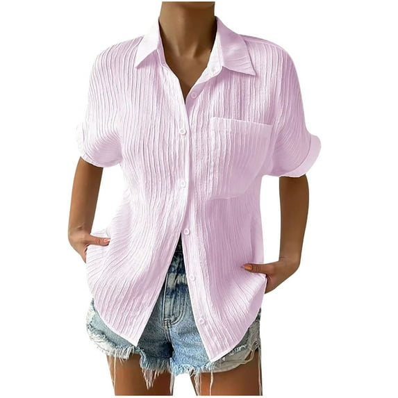 Spring Savings Clearance Lindreshi Womens Button down Shirt Short Sleeve Women's Solid Color Short Sleeved Loose Fitting Shirt Button V-Neck Solid Color Shirt Tops