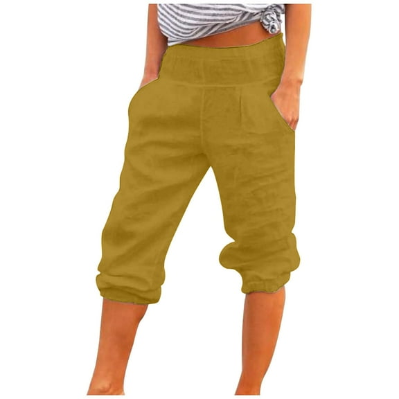Lindreshi Womens Capris with Pockets Cotton Women's Loose Wide Leg Pants Cotton Linen Trousers Straight Pants Casual Pants