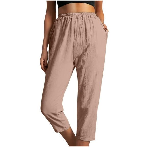 Lindreshi Womens Capris with Pockets Cotton Womens Solid Color Comfortable Elastic Waist Casual Trousers with Pocket