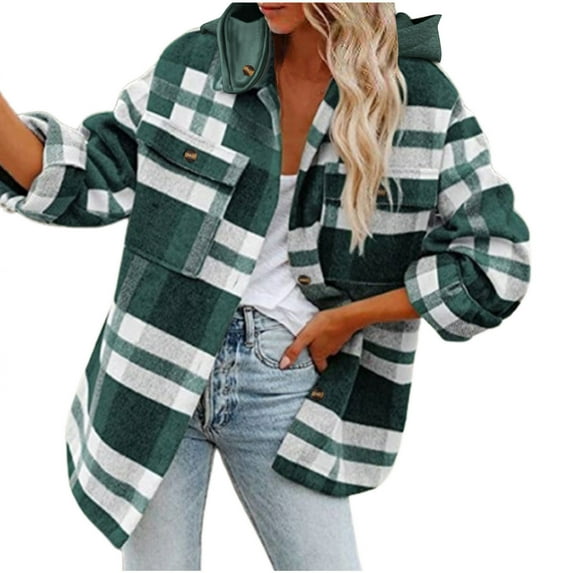 Spring Savings Clearance Lindreshi Womens Fall Fashion 2023 Plaid Shacket Jacket Women Clearance Women's Winter Casual Top Loose Plaid Printed Shirt Woolen Long-Sleeved Hooded Casual Coat/Jacket
