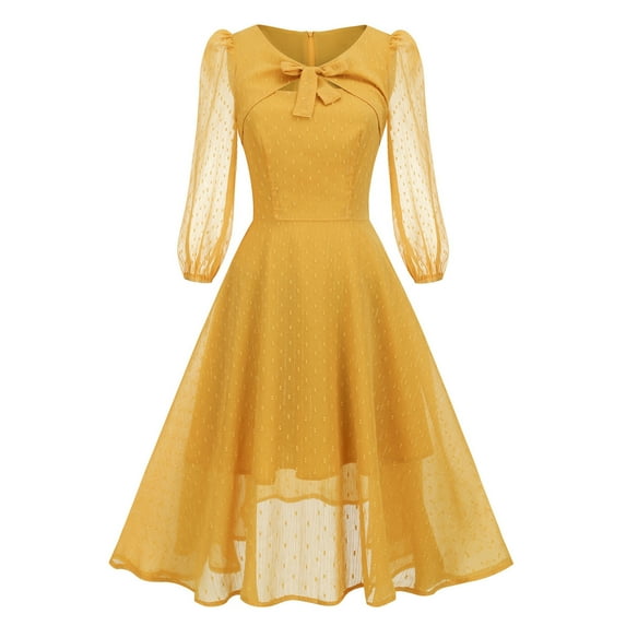 Lindreshi Womens Formal Dresses Long Sleeve Women's Fashion Vintage Solid T Round-Neck Three Quarter Sleeves Chiffon Dress