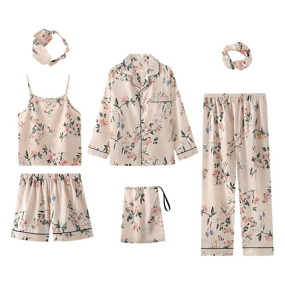 Lindreshi Womens Pajamas Sets 7 Women's Pajamas Sets Faux Silk Pyjama Women's Pajamas Sleepwear Sets Spring Summer Homewear