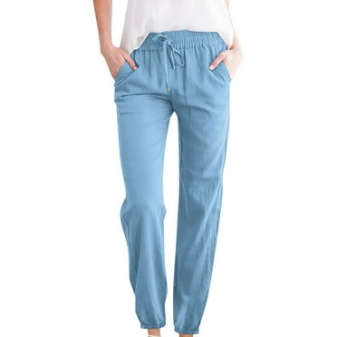 Spring Savings Clearance Lindreshi Womens Pants with Pockets Woman Solid Color Cotton and Linen Drawstring Elastic Waist Long Straight Pants