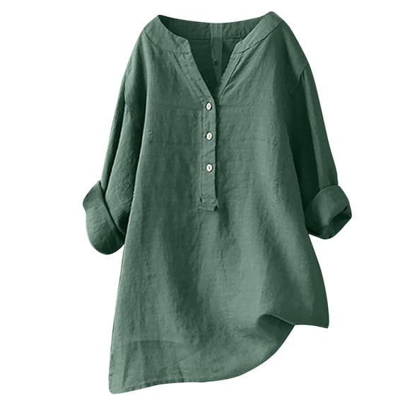 Lindreshi Womens Plus Size 5.00 Shirts Women's V-Neck Long Sleeve Loose Button Cotton and Linen Tunic Summer Blouse