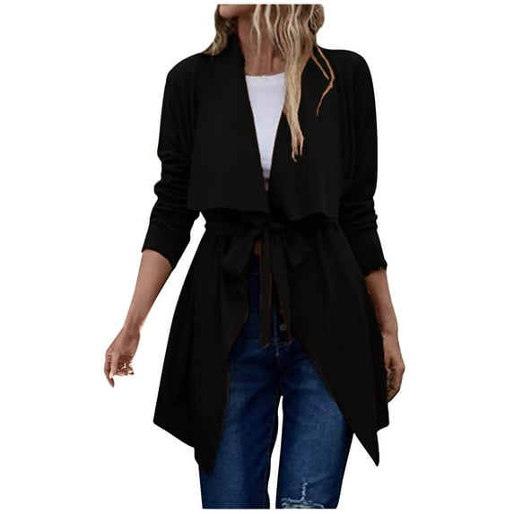 Spring Savings Clearance Lindreshi Womens Shackets Coat in Clothing Clearance Women Fashion Long Sleeve V-Neck Windbreak Solid Color Tether Waist Retraction Overcoat