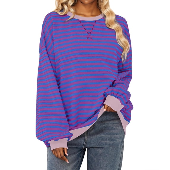 MaFYtyTPR Women's Striped Sweatshirts Crew Neck Loose Colorblock Long Sleeve Pullover Top 01-Purple M