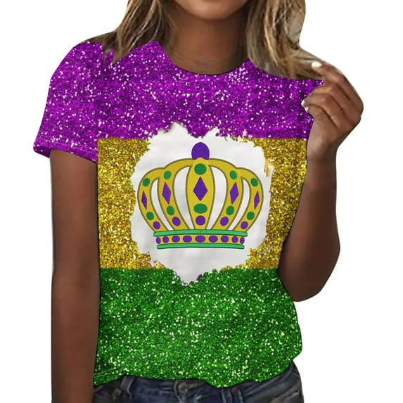 Spring Savings Clearance! S LUKKC LUKKC Mardi Gras Shirt For Women Summer Carnival Theme Party Outfits Casual Fashion Print Round Neck Short Sleeve Top