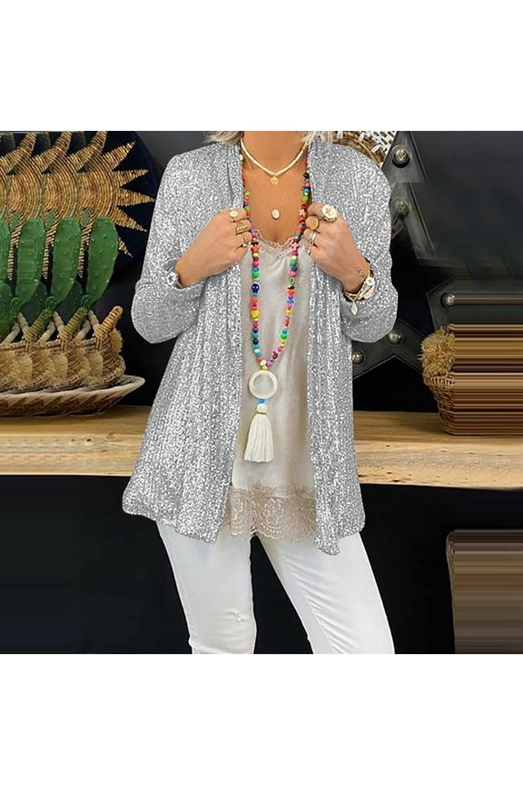Spring Sparkly Sequin Cardigans for Women Plus Size ,Womens Silver Glitter Cardigan ,Long Sleeve Open Front Outerwear Coat,Shimmer Glitter Loose Party Jackets