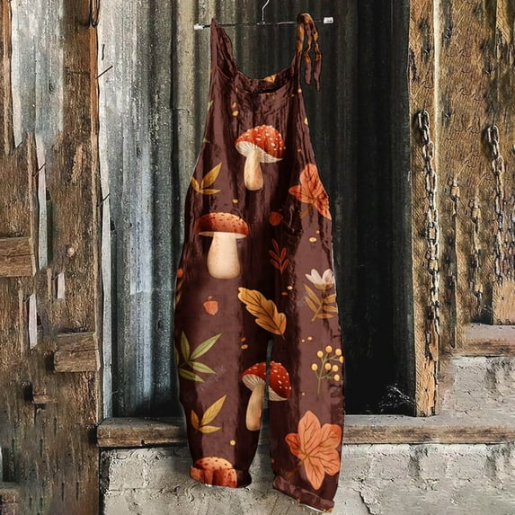 Spring Summer Mushroom Rompers for Women,Womens Plus Size Backless Mushroom Overalls,Shoulder Knotted Sling Strap Wide Leg Spring Jumpsuit for Women Loose Boho Mushroom Pants