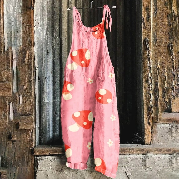 Spring Summer Sleeveless Mushroom Jumpsuits for Women,Womens Backless Mushroom Overalls,Shoulder Knotted Sling Strap Wide Leg Long Rompers Loose Mushroom Pants