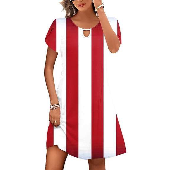 Viikei Women's Flowy Chiffon Short Sleeve Dress,Women's Casual Loose Summer Printed Short Sleeved Dress Red M