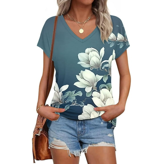 Viikei Womens Blouses under $10,Women's Printed V-neck Short-sleeved T-shirt Loose Top Short Sleeve Top Multicolor L