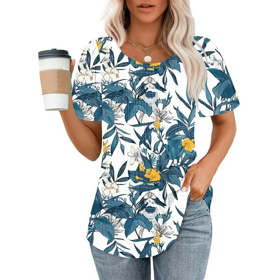 Spring Savings Clearance!Viikei Womens Blouses Clearance under $10,Ladies' Casual Short Sleeved Loose Round Neck Floral Print Top Multicolor XL