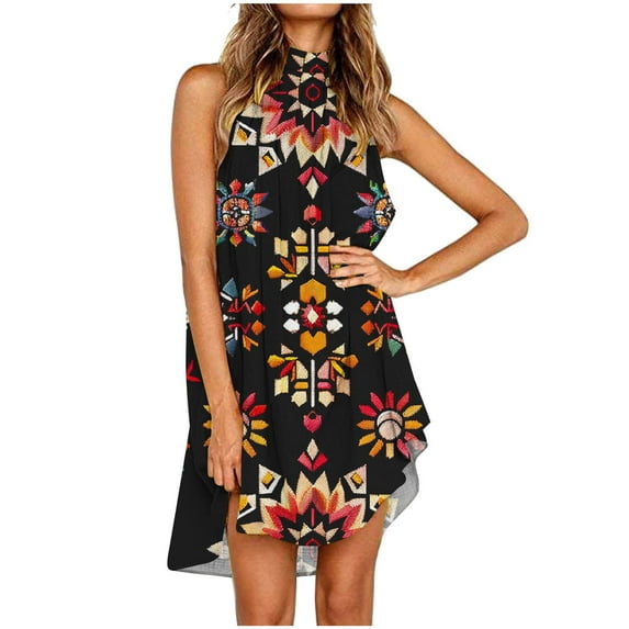 Spring Savings Clearance!Viikei Womens Dresses Plus Size formal,Women's Vintage Print Print Dress Sleeveless Round Neck Knee-length Dress Black L