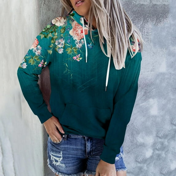Spring Womens Flower Hoodies ,Christmas Sweatshirts for Women Long Sleeve Graphic Gradient Floral Pullover,Hooded Oversized Sweatshirts for Women Loose Fit with Pocket