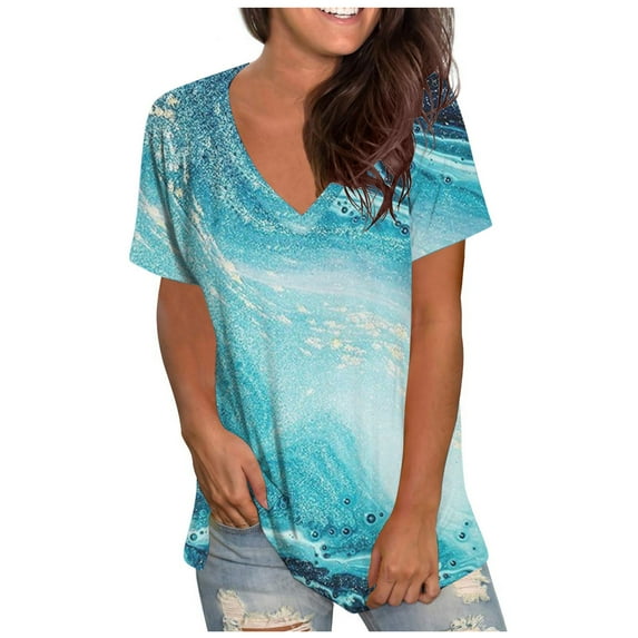 Spring Savings Clearance! Zeceouar Plus Size Summer Tops For Women Tops Dressy Casual Tunic Tops To Wear With Leggings V-Neck Rolled Print Gradient Short Sleeve Side Split Loose Fit T-shirt Tops