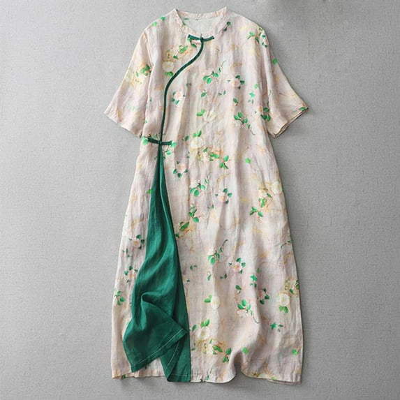 Spring Savings GaThRRgYP Clearance Dresses for Women,Women's Summer and Retro Cotton and Linen Round Neck Waist Retraction Travel Holiday Dress