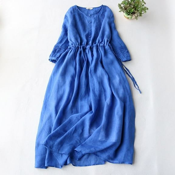 GaThRRgYP Women's Short Sleeve Mini Dress,Women's Retro Cotton and Linen Round Neck Double-layer Lace-up Waist Retraction Travel Holiday Dress