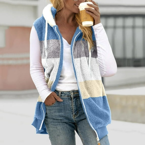 Spring Savings Idoravan 2023 Winter Coats for Women,Womens Fall Winter Sleeveless Coat Zip Up Warm Jackets Outerwear with Pockets Blue L