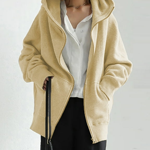 Spring Clothes Idoravan Hoodies for Women Winter Women's Solid Color Hoodie Zipper Long Sleeve Sweatshirts Long Coat Tops with Pockets Beige S