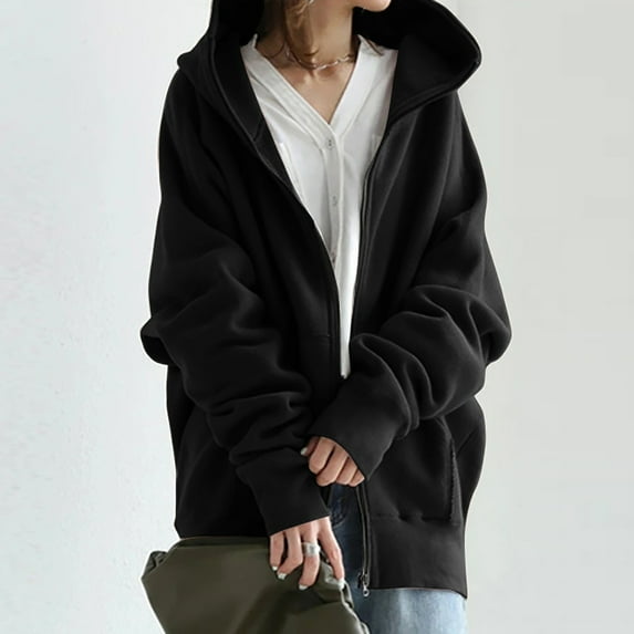 Spring ClothesIdoravan Hoodies for Women Winter Women's Solid Color Hoodie Zipper Long Sleeve Sweatshirts Long Coat Tops with Pockets Black XXXXXL