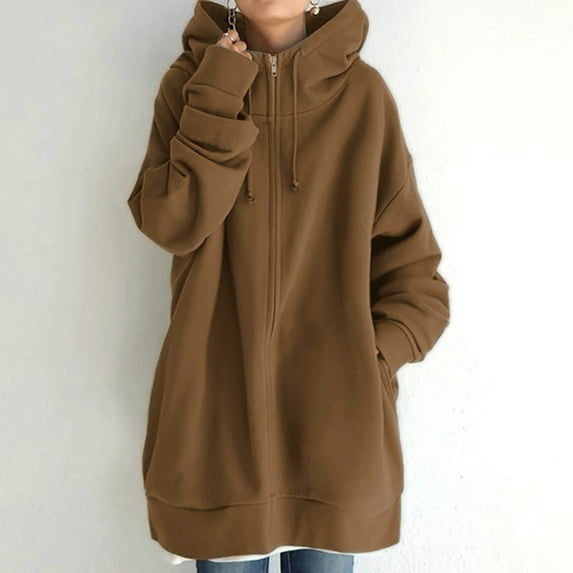 Spring Savings Idoravan Hoodies for Women Winter Women's Solid Color Hoodie Zipper Long Sleeve Sweatshirts Long Coat Tops with Pockets Coffee L