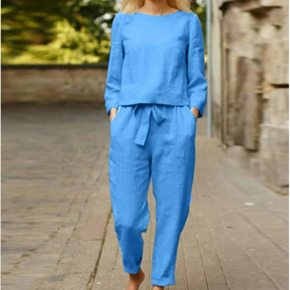 Spring Savings Idoravan Lounge Sets for Women 2 Piece Fashion Woman Long Sleeve Blouse +Loose Pants Sets Sky Blue L