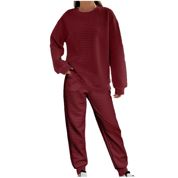 Spring Savings Idoravan Sweatsuits 2pcs Sets Womens Clearance Women's New Casual Fashion Long Sleeve Round Neck Top+Pants Set Wine M